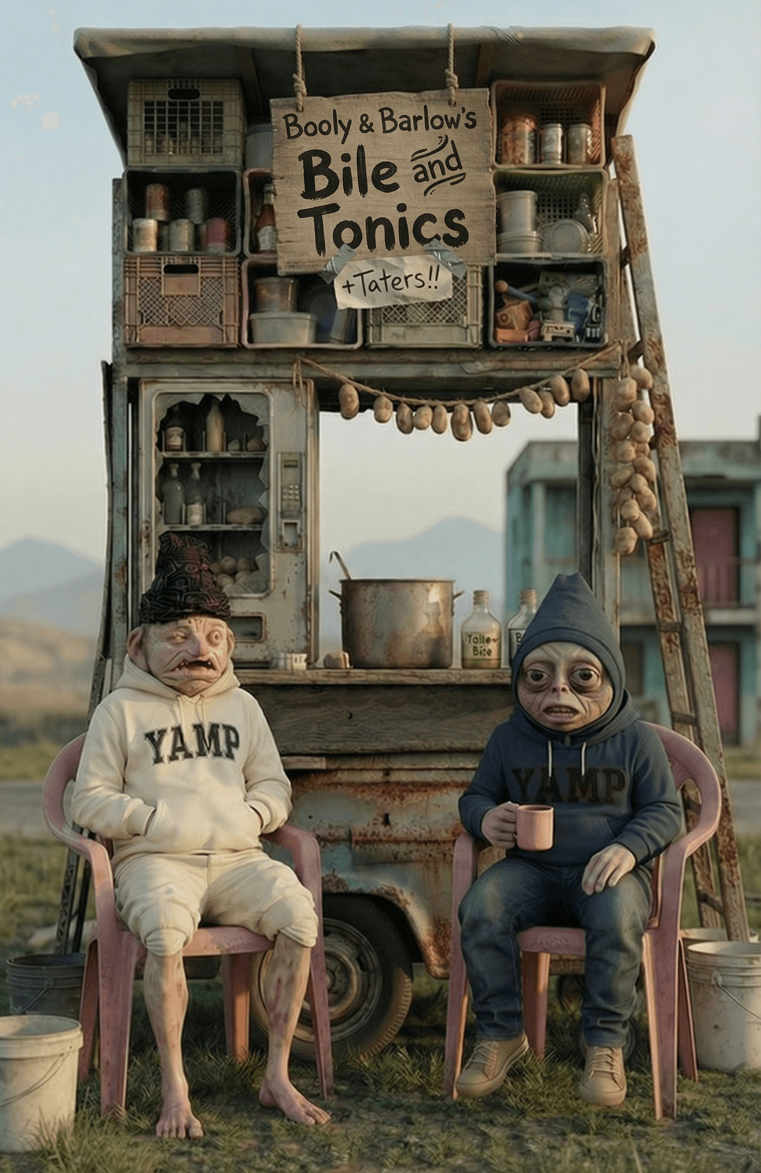 Two Bedrock Ricki characters in YAMP hoodies sitting outside Booly & Barlow's Bile and Tonics stand